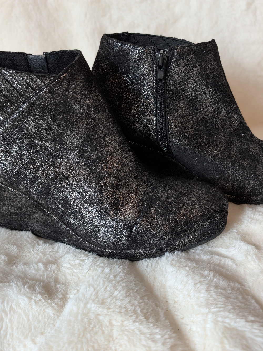 Sparkle Black Wedge Ankle Booties with Side Zip